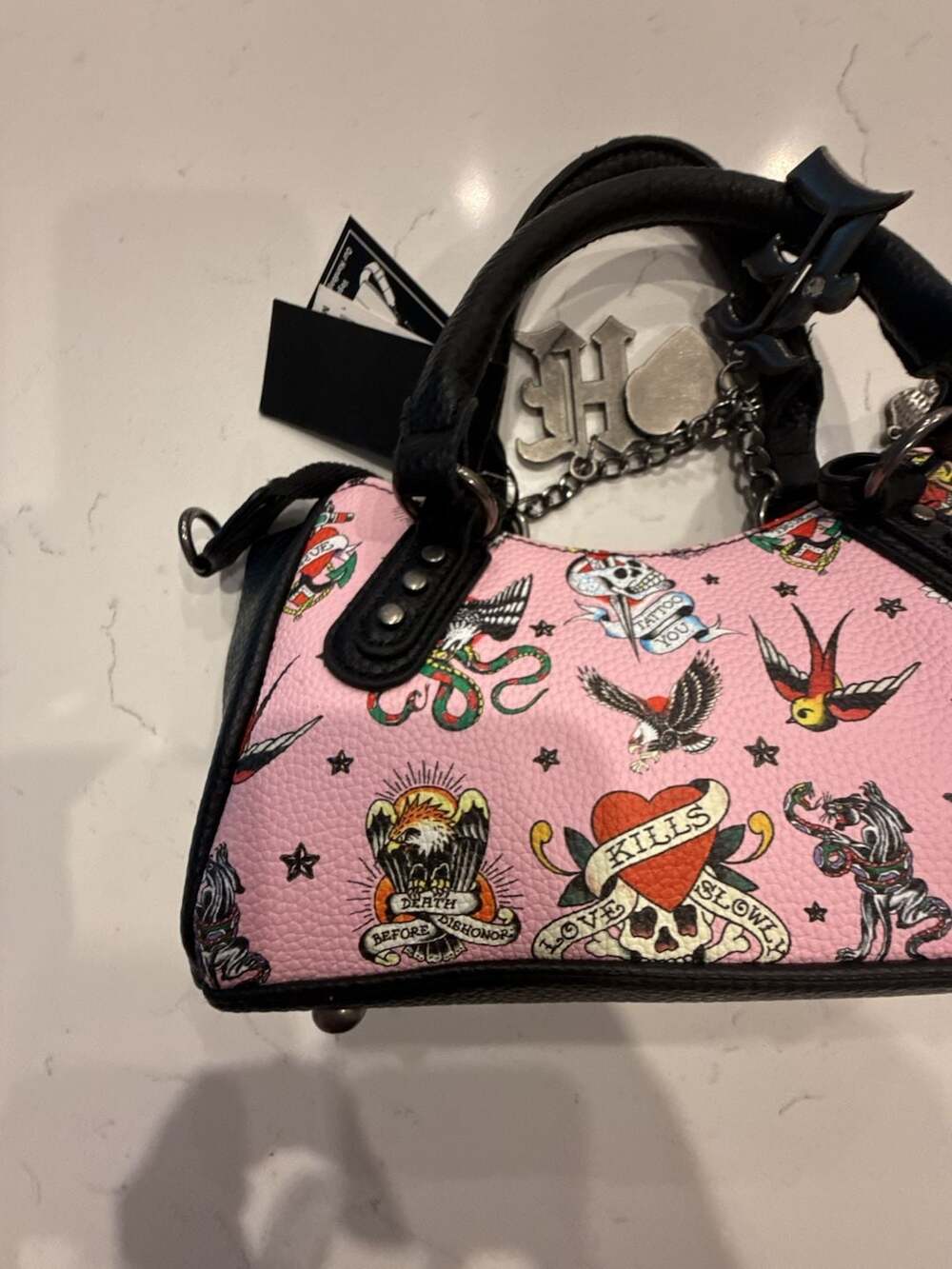 Ed Hardy Pink Tattoo Print Vegan Leather Studded Small Satchel Bag NWT - Picture 8 of 13